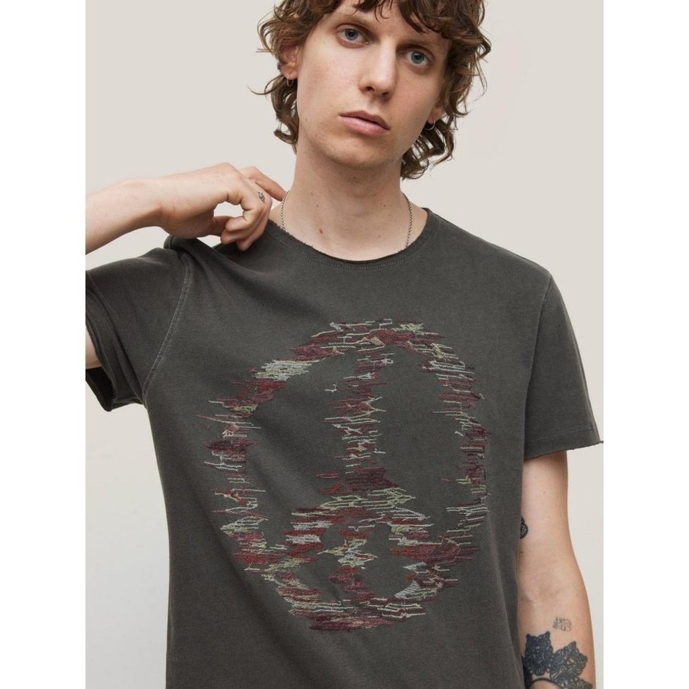 John Varvatos Distorted Peace Sign Embroidered Tee Washed Black Mens XL Rare